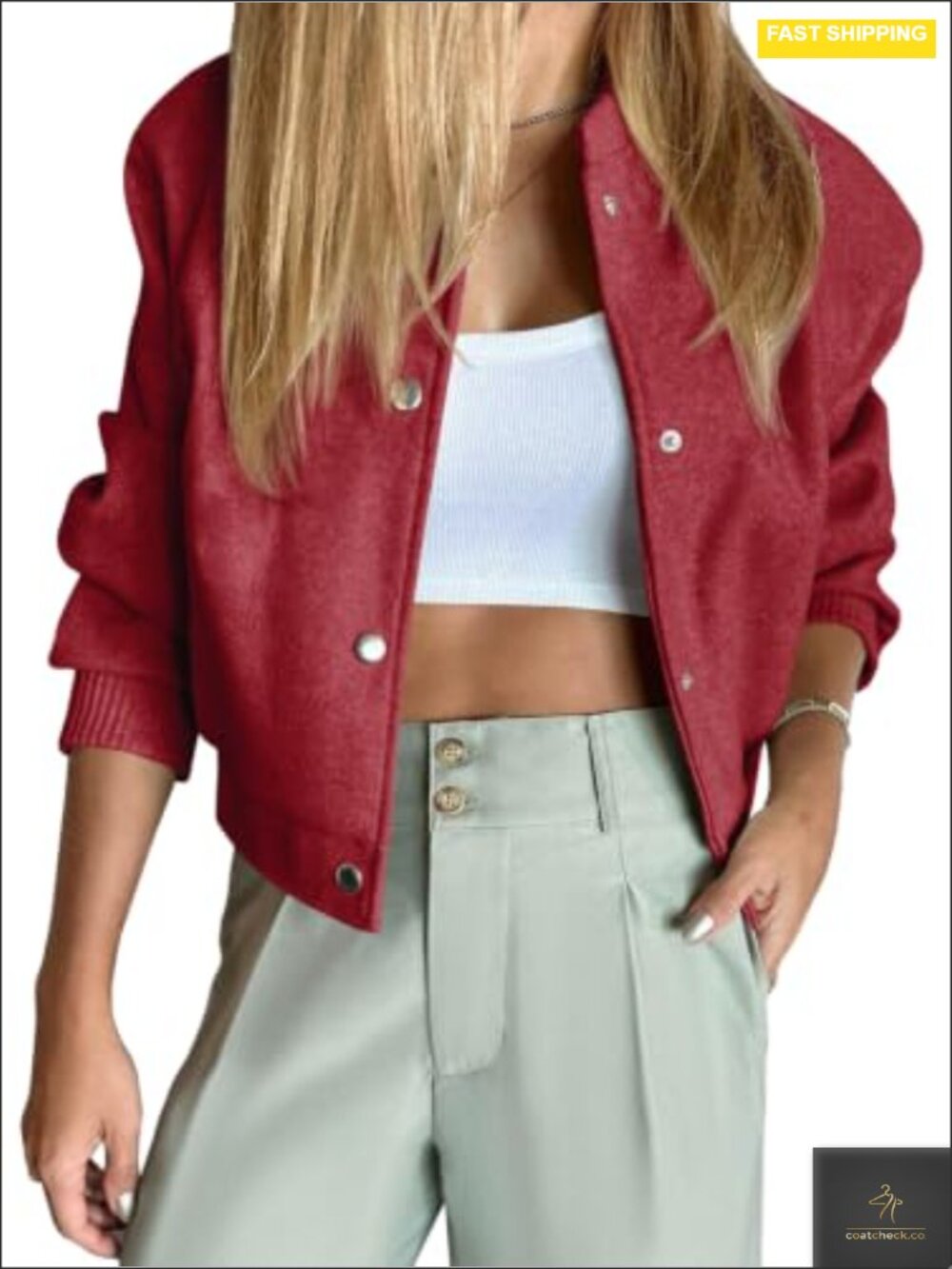 Cropped Bomber Jacket Wool Blend Button Down Casual Coat